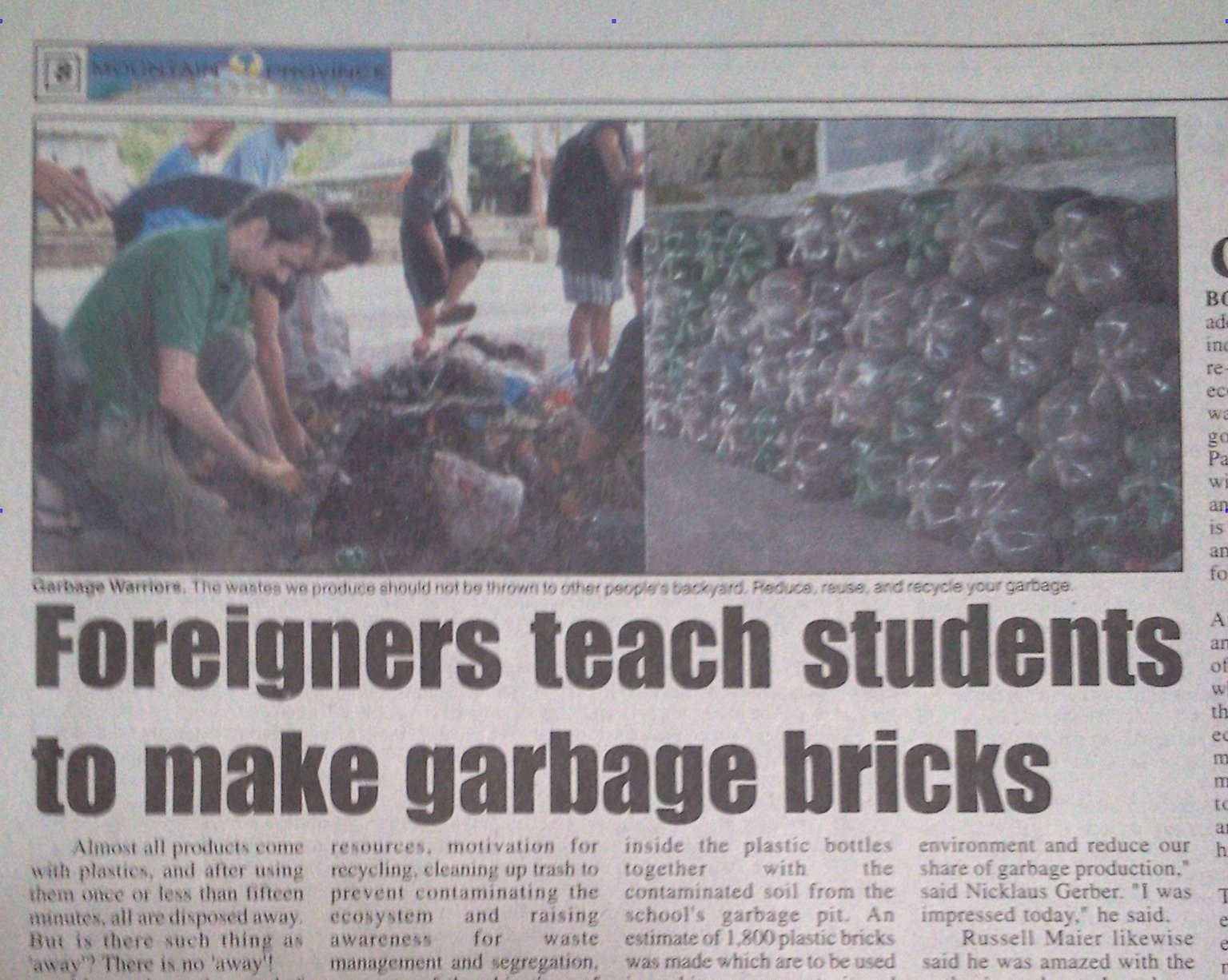 Garbage Heroes – bottle brick making featured in local paper.